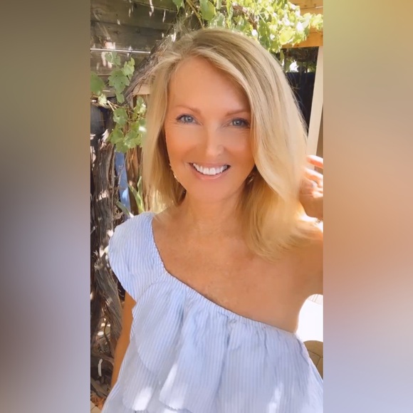 Super Cute ‘BiBi’ Blue White Stripe Gingham One Shoulder Top- Small - Picture 6 of 15